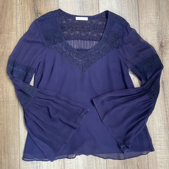 LOVE SAM Anthropologie Silk Blouse Sheer Long sleeve Boho Top  | Small - Purple - Picture 3 of 10